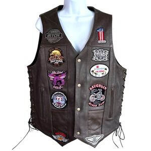 Leather Motorcycle Vest Womens Sz L Biker Vest Daytona Bike Week Patches Sturgis